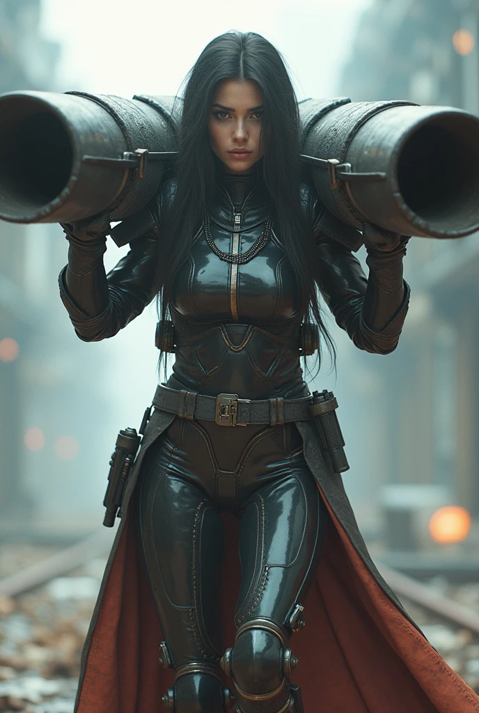 (RAW photo, realistic photo, high quality, masterpiece),future cyber style, woman with a giant weapon on her both shoulders, giant cannon, giant sword, fighting stance, jumpsuit with armour 
