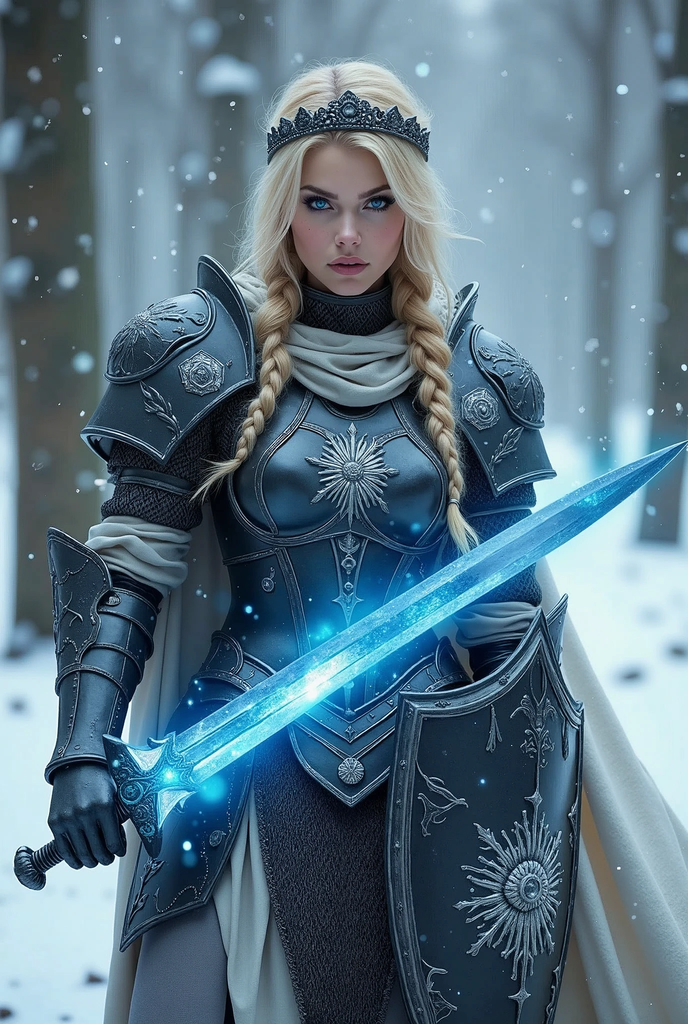 ((portrait, upper torso, armored female paladin, battle worn black chrome lacquered perfectchainmail armor:1.4, alabaster cloak, (((((Double D, DD, DD))), [bright blonde hair:dark hair:0.8]))), iceblue eyes, blackout eyeshadow, iron tiara), braids, glowing radiant blue snowflake engraved sword, shield, sparks, windy, outdoor frozen snow snowy forest, dynamic battle pose
