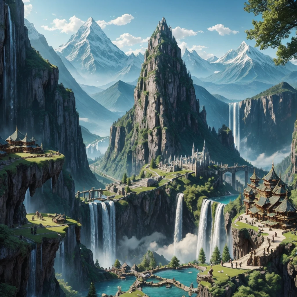 Epic elven city in the mountains with waterfalls, Rivendell, Lord of the Rings, buildings and people on the streets