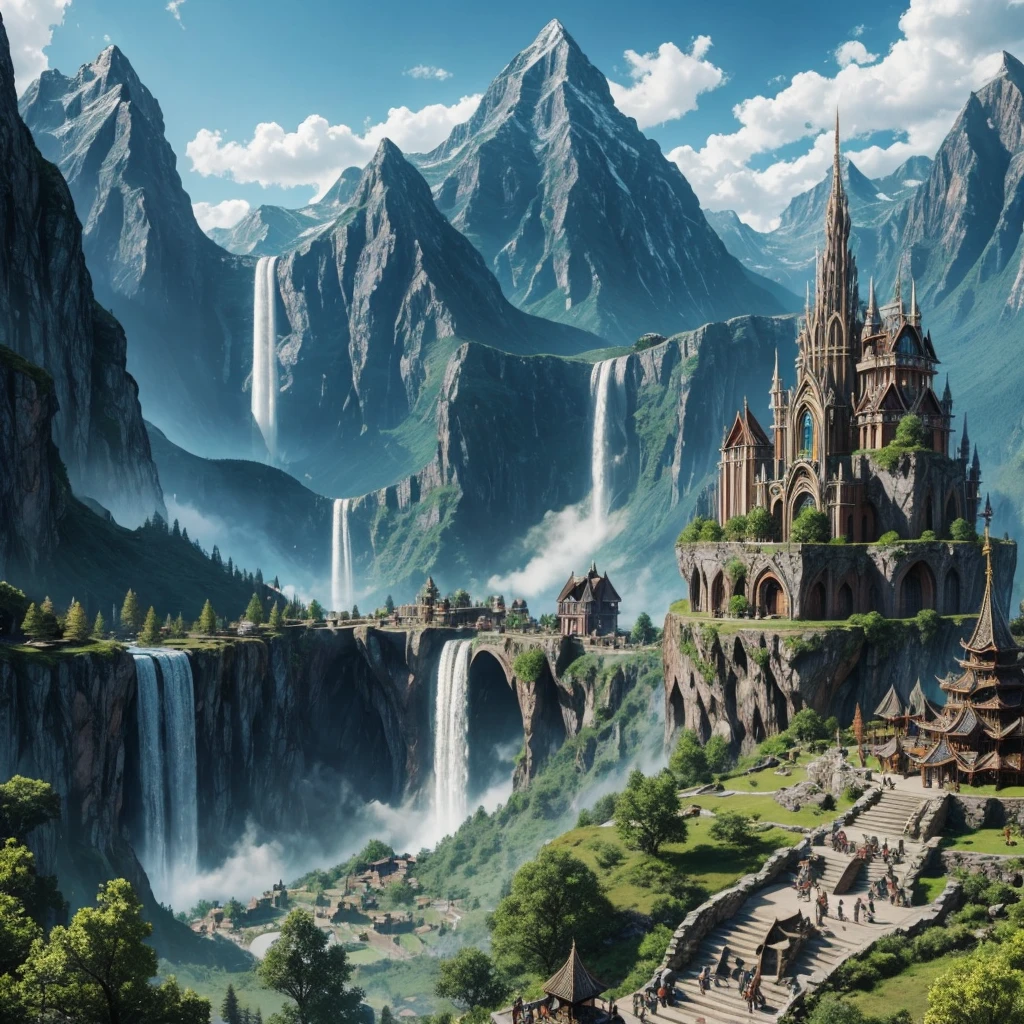 Epic elven city in the mountains with waterfalls, Rivendell, Lord of the Rings, buildings and people on the streets