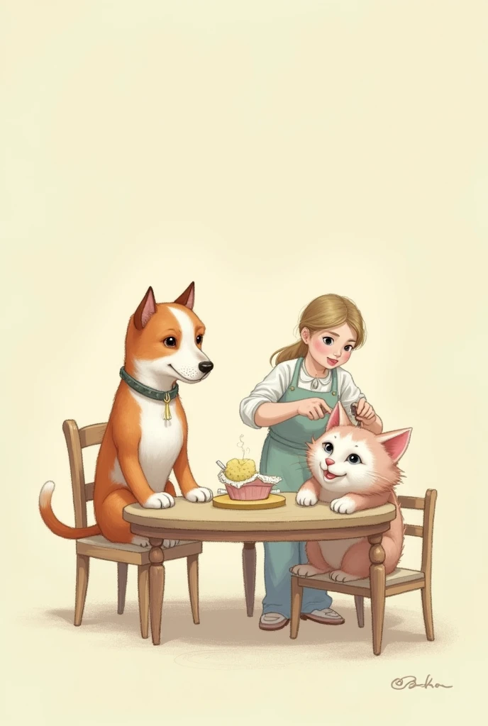 dog and cat on a table and a person cutting their hair, pastel colours