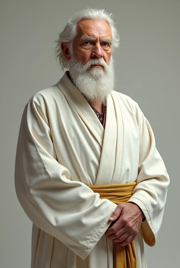 Make an old man with white hair and a thin black beard with white clothes and a golden belt