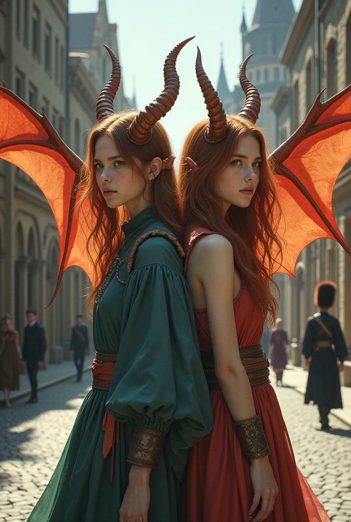 Draw a ager and a bit feminine, brunette and redhead, with dragon wings and horns. This one has to be in a medieval city and wear clothes related to the fantastic medieval period and a guard uniform.