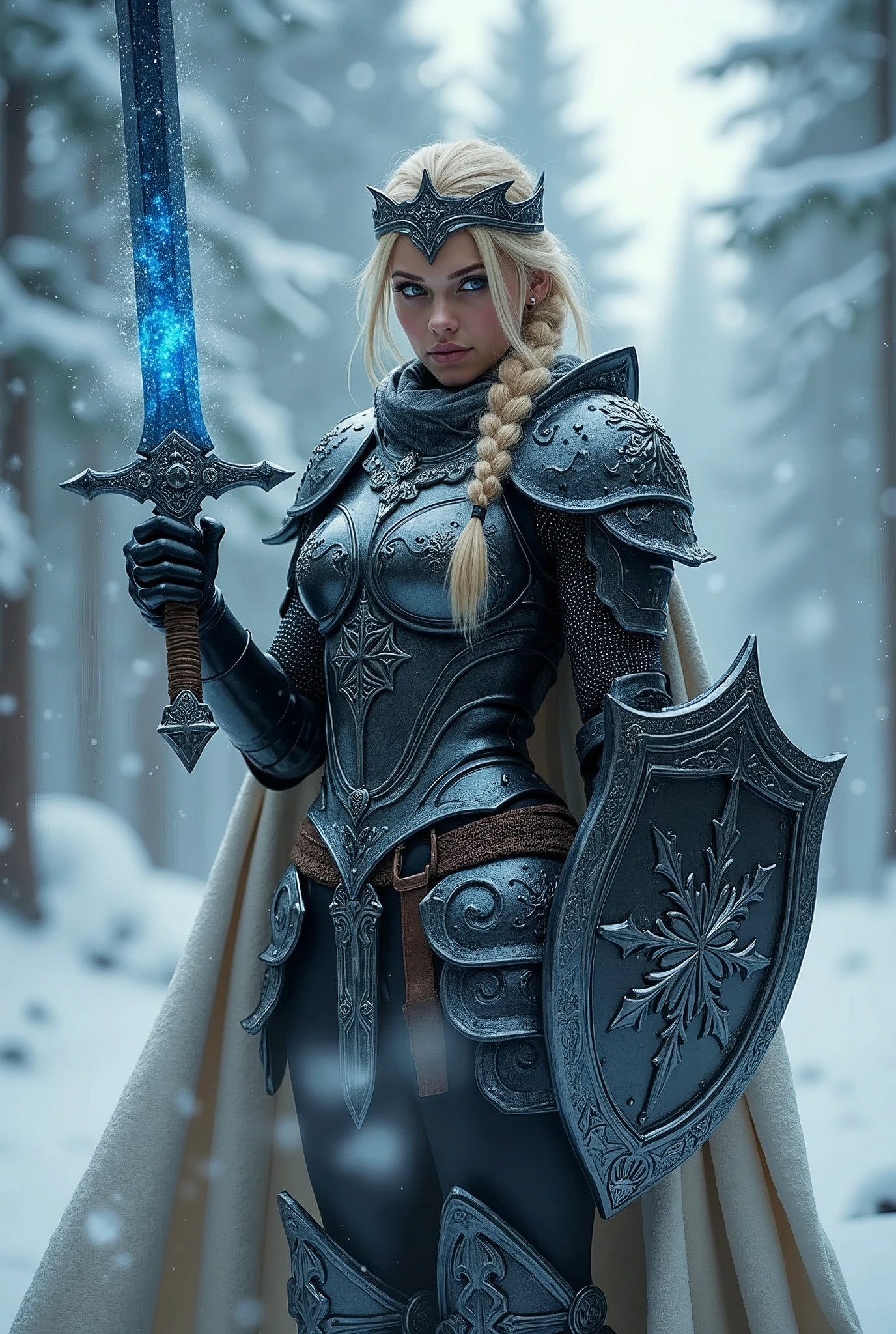 ((portrait, upper torso, armored female paladin, battle worn black chrome lacquered perfectchainmail armor:1.4, alabaster cloak, (((((Double D, DD, DD))), [bright blonde hair:dark hair:0.8]))), iceblue eyes, blackout eyeshadow, iron tiara), braids, glowing radiant blue snowflake engraved sword, shield, sparks, windy, outdoor frozen snow snowy forest, dynamic battle pose
