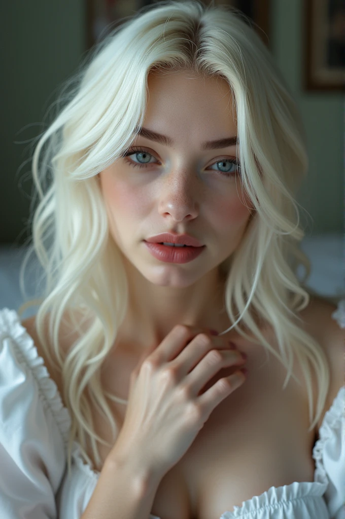 masterpiece, Top quality, Super Detail, 8K, Detailed lighting, Detailed shadows, Raw, (Delicate skin), (real: 1.2),, 1 Nordic Girl, Face, (9 ), white hair, Sleep in a comfortable bed, pajamas