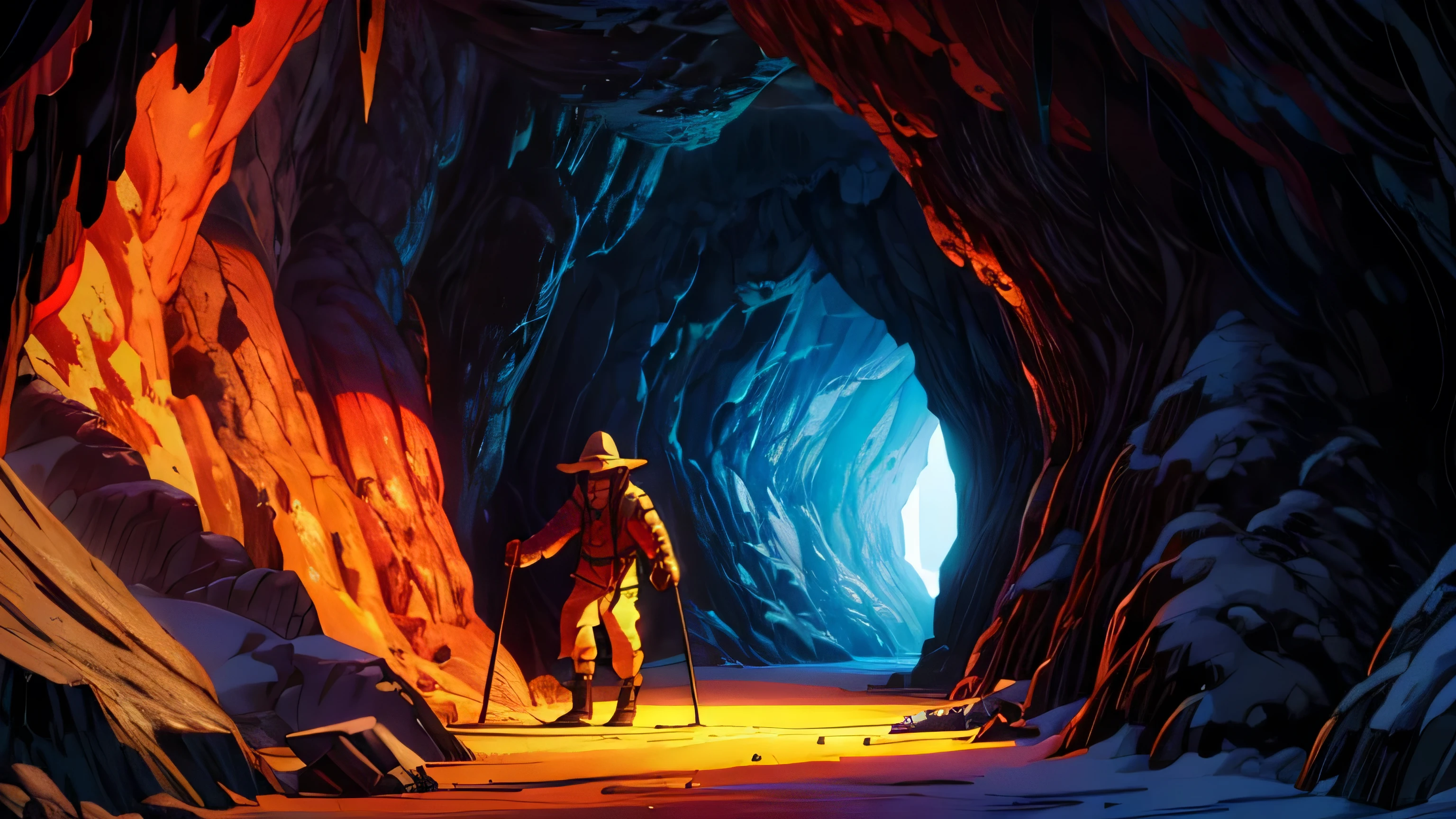 a mountaineer man, Entering a mysterious cave