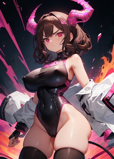 masterpiece, Highest quality, In detail, High resolution, One person, short curly Brown Hair, Brown Hair, Pink Eyes, Glowing Eyes, Big eyes, Angry face, devil, Bubble Gum Pink Horn, Pink and black outfit, woman, thick, Big Hips, Front view, sexy, anger, Angry face, Evil Face, Yellow background, In hell, Queen of Hell, Black evil crown