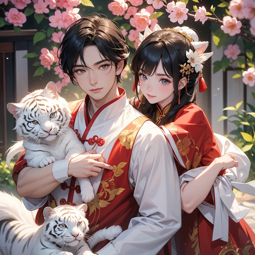 a handsome young man with good face and gentle face, wearing a white ancient Chinese costume, riding a white tiger, hugging his adorable Chibi baby girl 1 year old, who is 1 year old, with black hair in a red Chinese new year costume, int he morning, there is sunlight shining in the front yard garden , smiling.