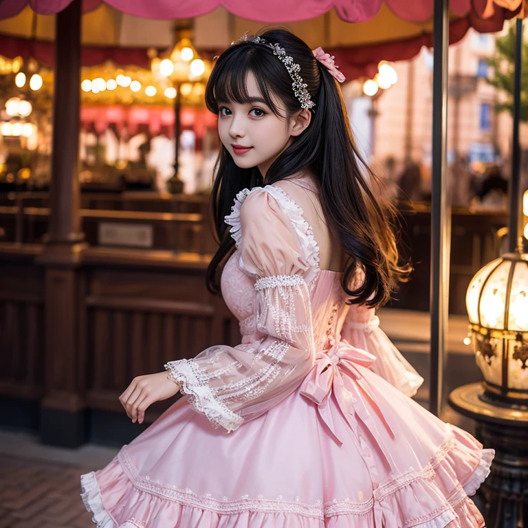 Side shot,In front of the amusement park carousel, There are many carousels，best quality, Delicate face，beautiful visual work, lifelike,  eternity, black hair, Long curly hair, blunt bangs, Smile, Detailed Background,  Delicate face，pink blush，cold，((masterpiece))、(top quality)、8k、high detail、Super detailed，31 years old female，Wearing ta dress、Seductive and whimsical style、masterpiece、born、Scenes resembling fairy tale illustrations、Intricate details and complex designs、Beautifully、magic、capricious、 Beautifully、Dream aesthetics、「𝓡𝓸𝓶𝓪𝓷𝓽𝓲𝓬、ethereal、charming、fickle、magic」、Realism、Visual effects、FXAA、SSAO、Shaders、voiceless、ambient lighting、Tone mapping、High resolution、Ultra high quality、Million pixels、(8K resolution:1.10)、8k、Below 8K、8K resolution、high detail、intricate details， (high quality:1.2、masterpiece:1.2、:1.21)、(31 years old female:1.21)、(Smile excitedly)、(Surrounded by the dreamy atmosphere、Model diagram，full-body shot，Normal 2 feet，Don't show your fingers，pink dress, lots of lace,layered dress， Long sleeve，Puff sleeves,Transparent sleeves，Bow at the back of the waist, Skirt length to calf, cupcake dress, Layered skirt with lace on each layer, Wear a LOLIress, layered dress, Pink lolita s, lots of lace, Long sleeve, Wide sleeves, Big skirt, layered lace skirt, Puff sleeves, Wide sleeves, Transparent sleeves子, intricate details showcase the ruffles and intricate designs of the Lolita dressaring a lolita dress, Bo the back of the waist, Skirt length to calf, cupcake dress, Layered skirt with lace on each layer, Wear a LOLITA dress, layereess, Pink lolita skirt, lots of laLong sleeve, Wide sleeves, Big skirt, layered lace skirt, Puff sleeves, Wide sleeves, Transparent sleeves子, intricate details showcase the ruffles and intricate designs of the Lolita dress, Wearing a loliress, 