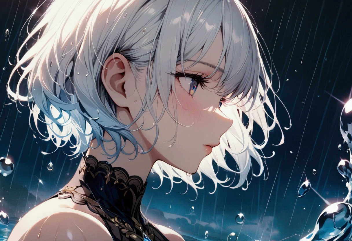 short hair,Beautiful sky, rain，(Crystal clear rain sparkles in the sky,Water Drop), masterpiece,High resolution, White Hair