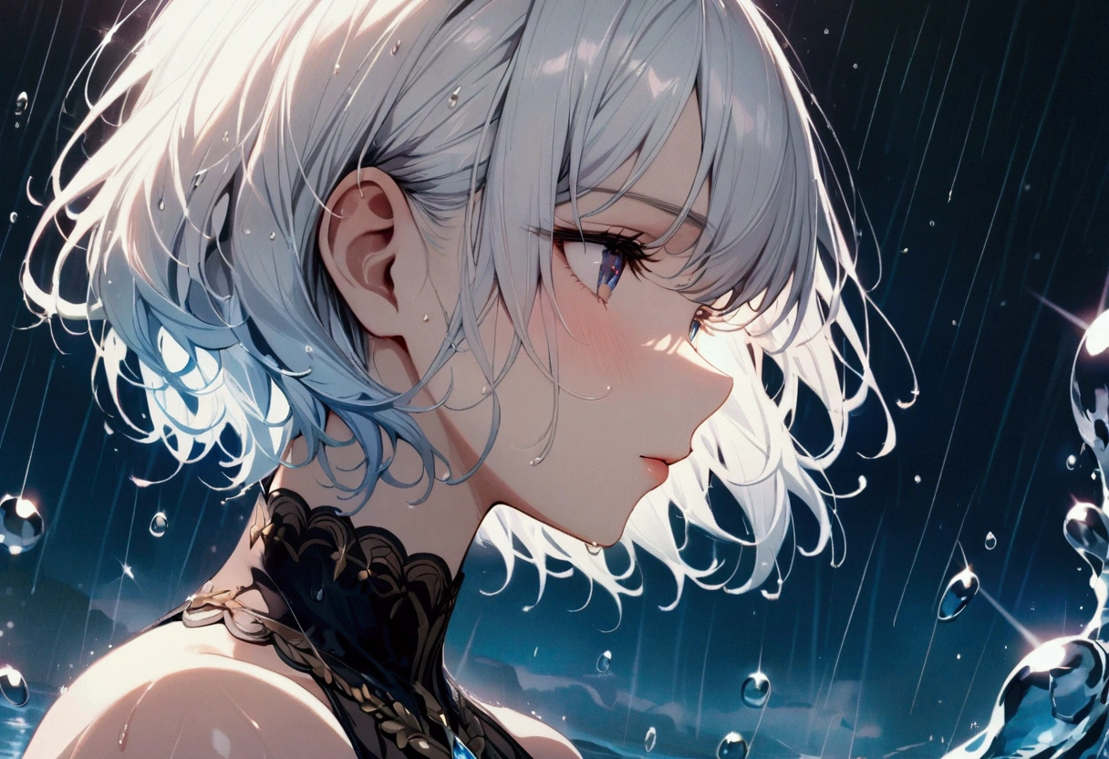 short hair,Beautiful sky, rain,(Crystal clear rain sparkles in the sky,Water Drop), masterpiece,High resolution, White Hair