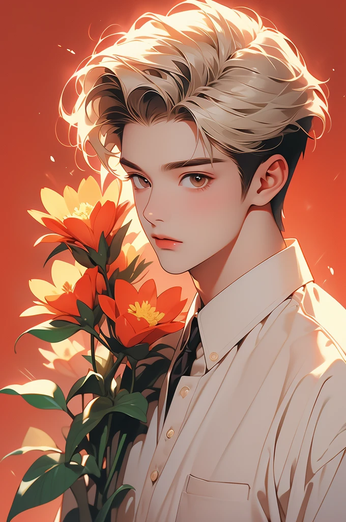 Young man holding flowers on his shoulder on red background, 1 boy, flower, focus on male, solo, holding flower, yellow hair, holding, shirt, red background, white shirt and red second half, simple background, formal