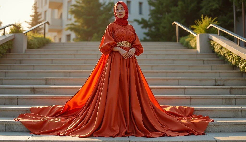 An malay woman in glamorous mermaid evening dress, long ballon sleeve dress, wear modern satin hijab, entirety of fabric over botom dress about 7 meters in length trailing dramatically, glamours style, overlong dress train, extreme detail on the texture of the fabric, wear high heels, sexy random pose in outdor stair, beautifull bright lighting, ultra realistic, high-resolution photography.