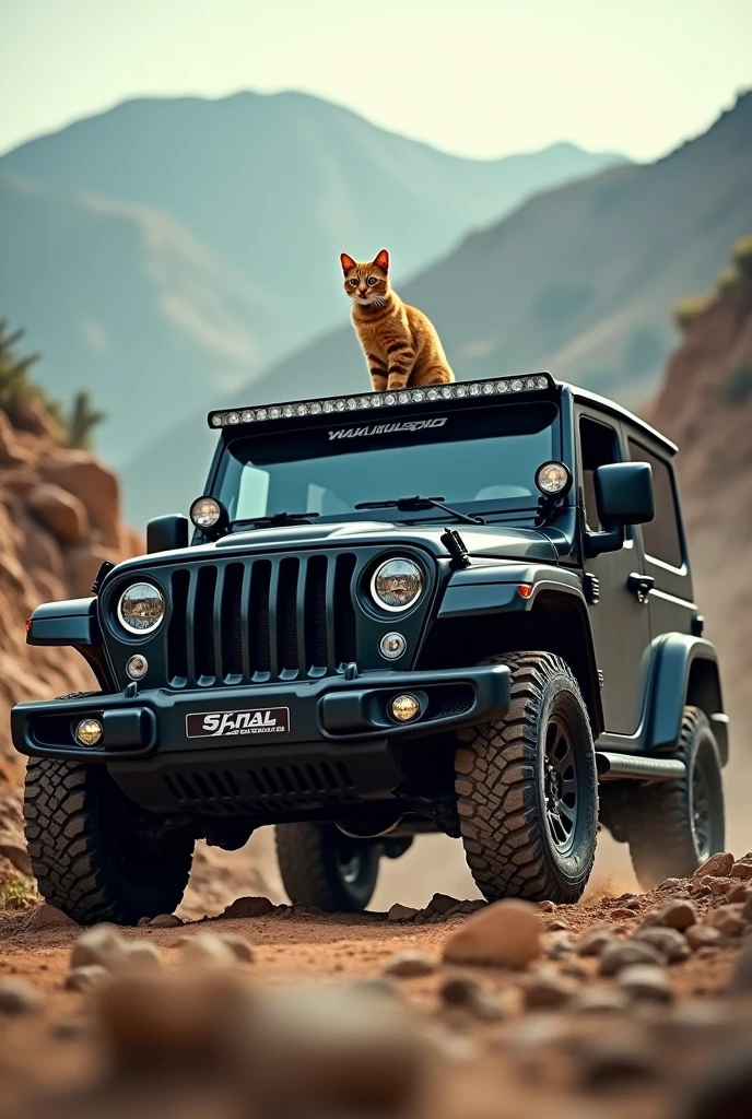 Black Mahindra Thar car , dirt car , hills background, cat on hood , for phone wallpaper,