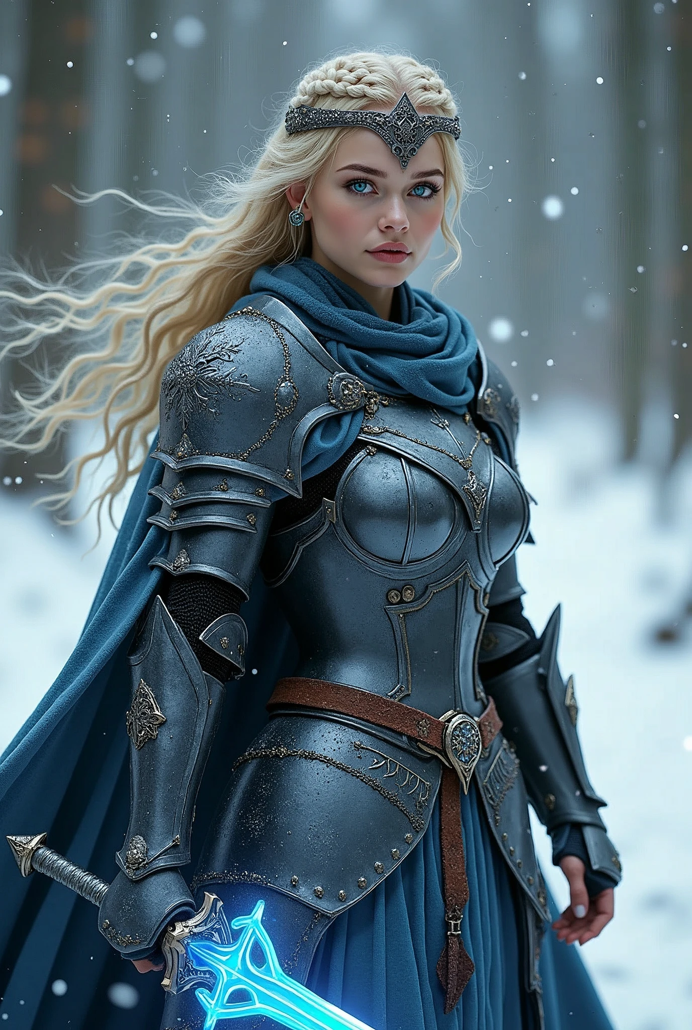 ((portrait, upper torso, armored female paladin, battle worn black chrome lacquered perfectchainmail armor:1.4, alabaster cloak, (((((Double D, DD, DD))), [bright blonde hair:dark hair:0.8]))), iceblue eyes, blackout eyeshadow, iron tiara), braids, glowing radiant blue snowflake engraved sword, shield, sparks, windy, outdoor frozen snow snowy forest, dynamic battle pose
