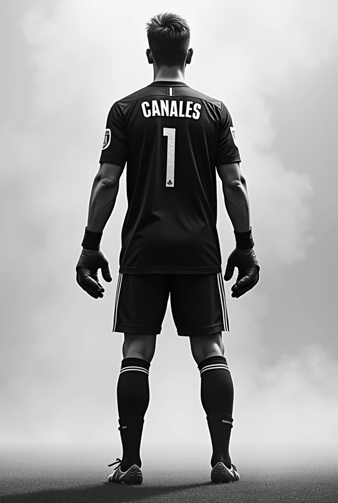 Image with a black and white background and a goalkeeper with his back turned wearing a shirt with Canales' name number 1