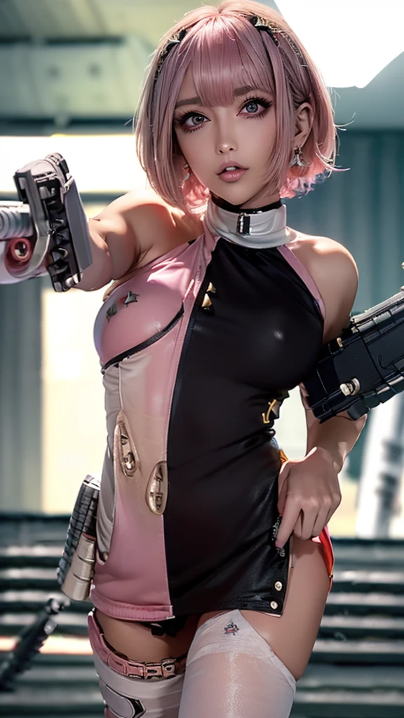 (Highest quality), Realistic, (live-action),(Short Hair,Sharp bangs)Showing off your crotch,Highest quality,Highest quality,8k images,Pink Hair,High heels,Small face,((Big Breasts))Leg spread、1 gun,(((Point the tip of your gun towards the camera:1.6))),Highest quality32K