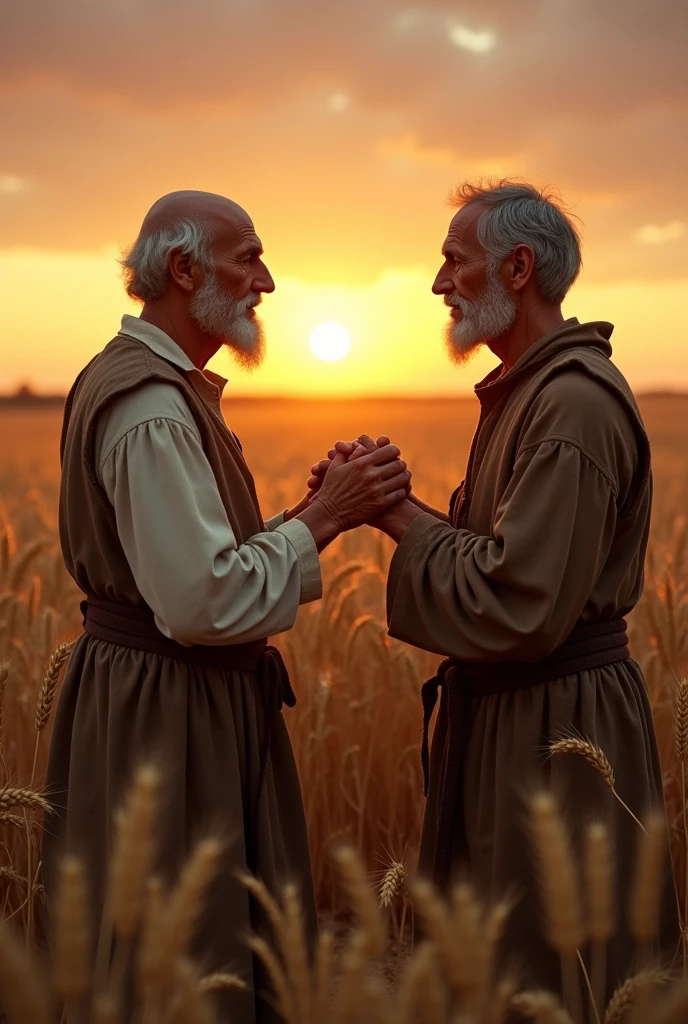 Standing in a wheat field, Poor French farmer couple, poor clothes , poor wears, 16th century, Two people facing each other and praying,sunset, super detail, high details, high quality, accurate, anatomically correct, textured skin, beautiful fingers super detail, high details, high quality, best quality
