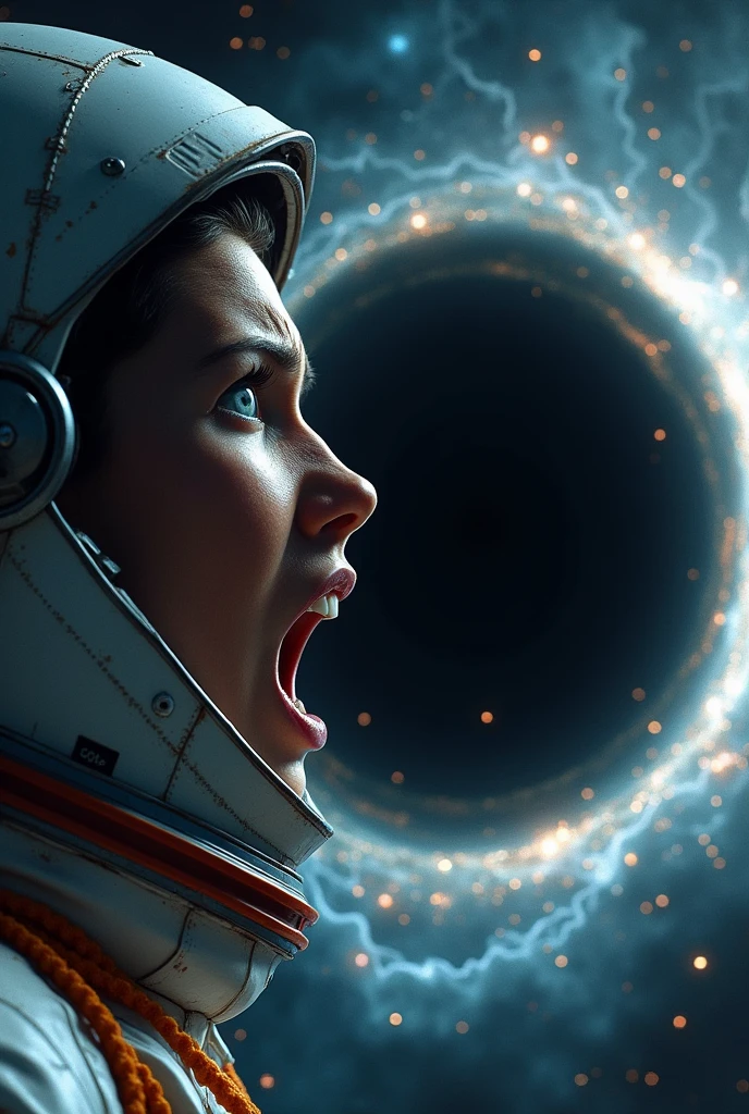 a scared astronaut turn back looking black hole, extremely detailed face, beautiful detailed eyes, beautiful detailed lips, extremely detailed skin and wrinkles, high quality, cinematic lighting, dramatic lighting, sci-fi, dark, moody, dramatic, realistic, photorealistic, 8k, high resolution, detailed description, masterpiece.a highly detailed astronaut falling into a black hole in the depths of a galaxy, extremely detailed space scene, 8k, ultra-detailed, photorealistic, realistic lighting, dramatic lighting, cinematic composition, awe-inspiring, epic scale, mesmerizing colors, ethereal atmosphere, stunning cosmic environment, majestic nebulae, swirling galaxies, luminous stars, sense of wonder and mystery