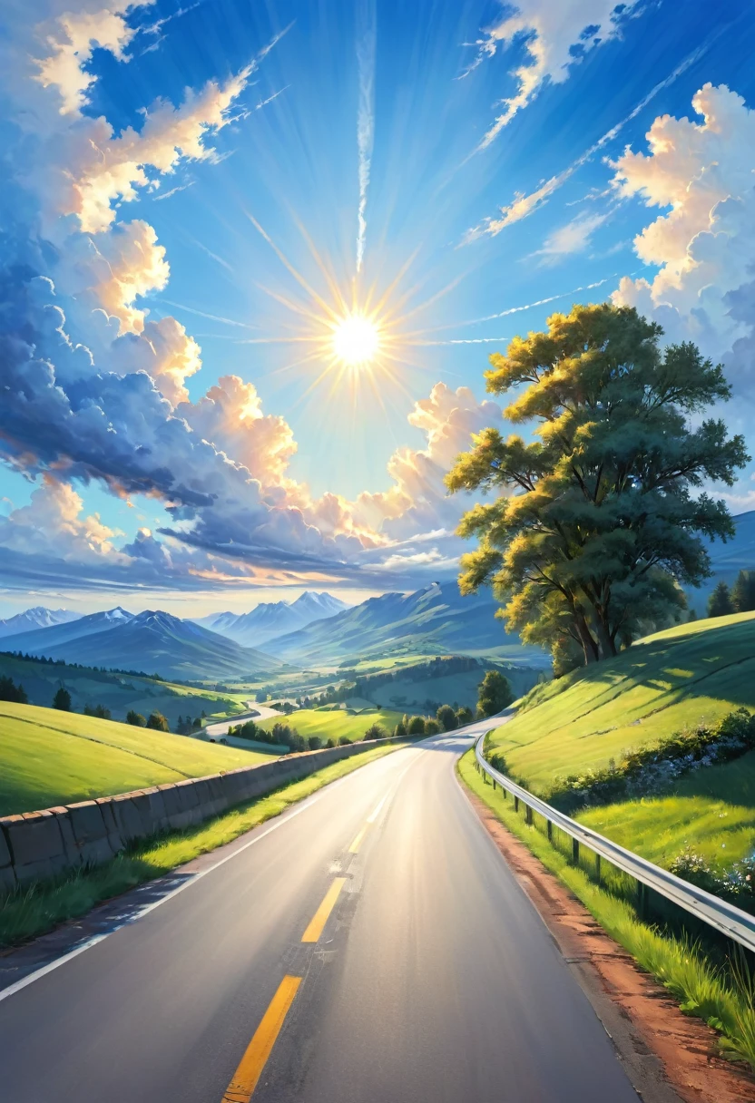 Realistic, Genuine,Light,blue sky,cloud,sun,road,Wonderful landscape,painting,