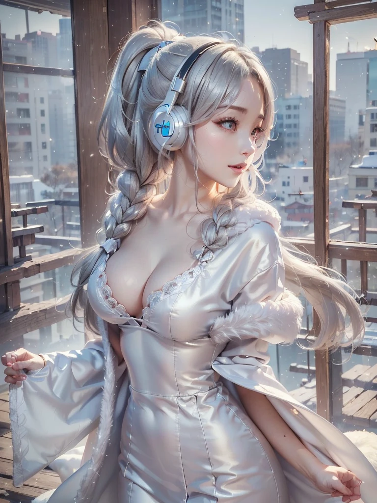 ((face, style)).((masterpiece:1.5))((1 girl, alone、Woman wearing giant headphones:1.5、Fur coat、Detailed face、Big Eyes、Bright expression、small breasts, cleavage、Best Looks、Ultimate beauty、Shiny silver hair with highlights、明るい and shiny hair,、Modern Hairstyles、Hair dancing in the wind))(morning、indoors)Please look away from here、Beautiful profile, Wearing Headphones