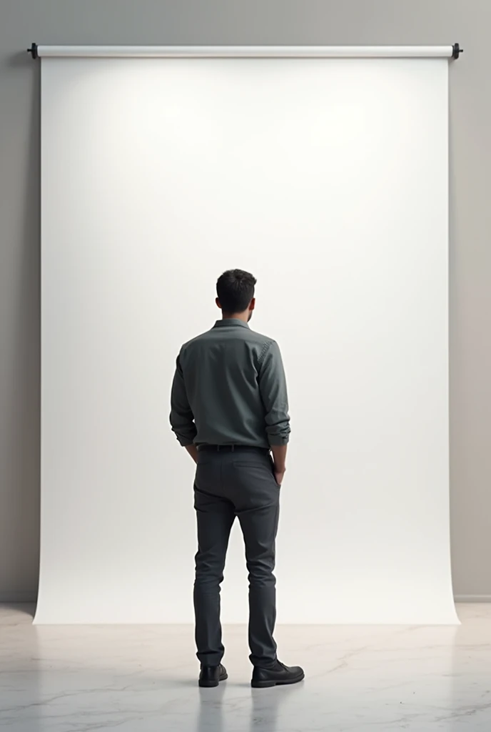 man with his back turned looking at a large blank sheet of paper. This sheet should allow me to paste an image. That&#39;s why the person should not cover the sheet.
