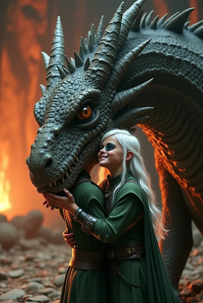 Aemon Targaryen  boy in green warrior clothing and an eye patch, long white hair hugging and laughing sadly with her giant medieval adult dragon. They find themselves in a giant cave with fire