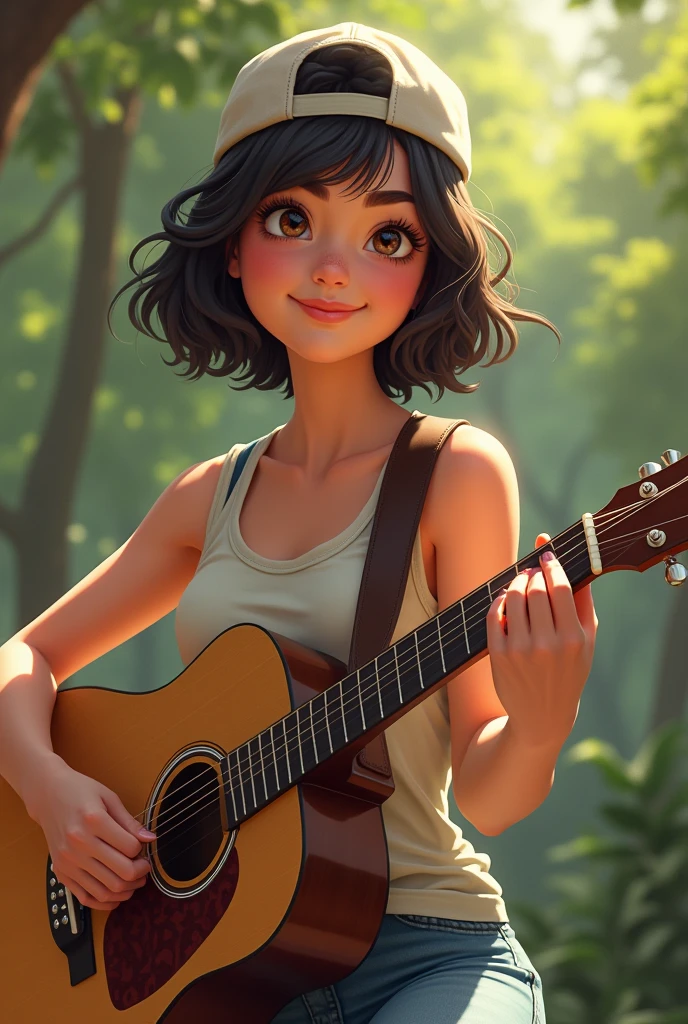 A not so chubby woman with short curly hair wearing a backwards cap, that is playing an acoustic guitar, He is wearing a tank top with thick straps