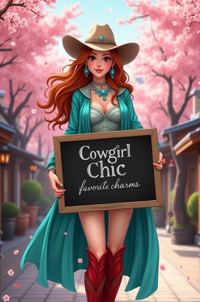 masterpiece:1.2,Highest quality,Highest quality),(Very detailed),(An illustration), 8k,wallpaper, Beautiful landscape photography,Japan,Cherry Blossom Tree Street,Cherry blossom petals falling, Beautiful (34yo) cowgirl mom with wavy auburn long hair, turquoise serape, red knee high cowboy boots, large chunky beautiful turquoise jewelry, holding a chalk board with barn wood frame ,with text "Cowgirl Chic” “favorite charms, and showing it to the viewer
