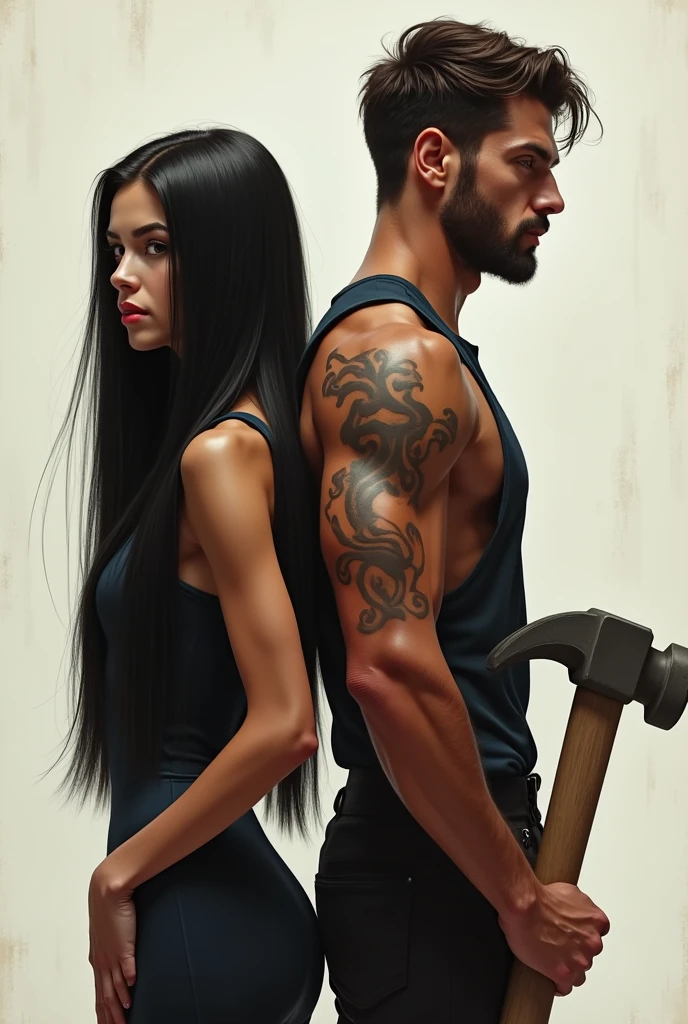 straight hair woman, very long black man holding a hammer 🔨