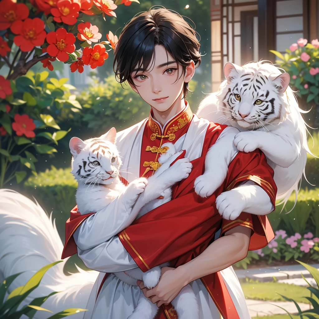 a handsome young man with good face and gentle face, wearing a white ancient Chinese costume, riding on a white tiger, hugging his adorable Chibi girl 1 yearo is 1 year old withair in a red Chinese new year costume, int he morning, there is sunlight shining in the front yard garden , smiling.