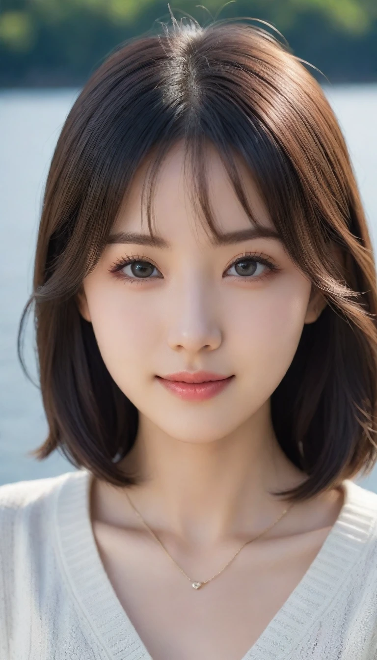8k, Ultra-high resolution, Highest quality, masterpiece, 三分割法によるphotograph,Surreal, photograph, 1 Girl, (:1.3), pretty girl, Cute Face, 細部までBeautiful Eyes, 細かくdetailedに,masterpiece,One Girl:1.2,Japanese women,Young Wife,upper body,smile,Black hair,Wavy bob,(White summer knitwear:1.3),necklace,wood々Inside,Lakeside,Summer sunshine,wood漏れ日,(Beautiful attention to detail),Subtle details, detailedな顔, smile,Attractive girl,(のポートレートphotograph:1.4),(Photorealistic images:1.4),Fantasy art,(Beautiful Face:1.4),Beautiful and attractive eyes、Beautiful Eyes、(Tight waist:1.4)、(Beautiful with perfect body proportions:1.4),Pink Lips,Looking at the audience,(((Ideal body type))),A-cup small breasts :2,、Portraiture:2、Perfect Anatomy、鮮明なdetailed、detailed,Fashion magazine cover,Thin lips,完璧でBeautiful Face ,完璧でCute Face, Skin with attention to detail, Perfect limbs、Narrow waist,Surreal,Light and shadow,dappled sunlight