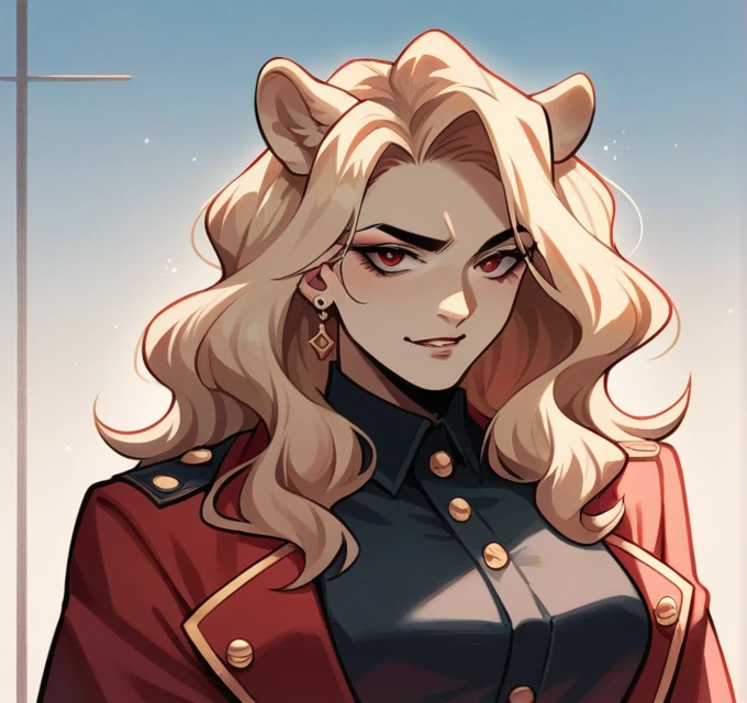 a realistic portrait of a woman with white long wavy hair and fair complexion sitting like a gangster on top of a love chair, with a white lion beside her. The character must wear a red mafia outfit. The background of the character is angels wing with a name KATRINA. the background color is black and red.