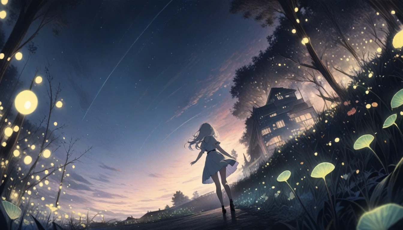 ((style:Colored pencil,pale colour)),(anime)、(masterpiece:1.2),Atmospheric perspective,Lens flare,one person's, Firefly Garden, Many small lights and fireflies are flying around