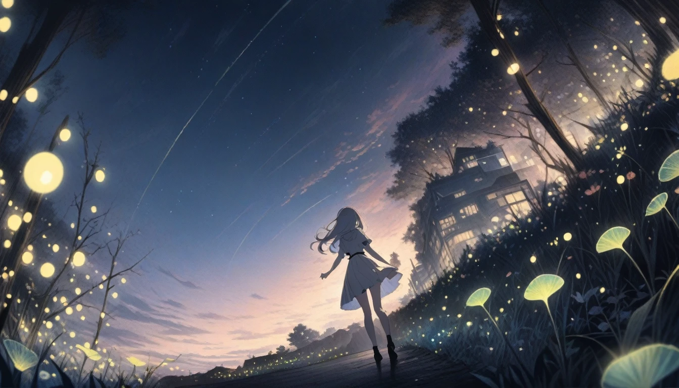 ((style:Colored pencil,pale colour)),(anime)、(masterpiece:1.2),Atmospheric perspective,Lens flare,one person&#39;s, Firefly Garden, Many small lights and fireflies are flying around