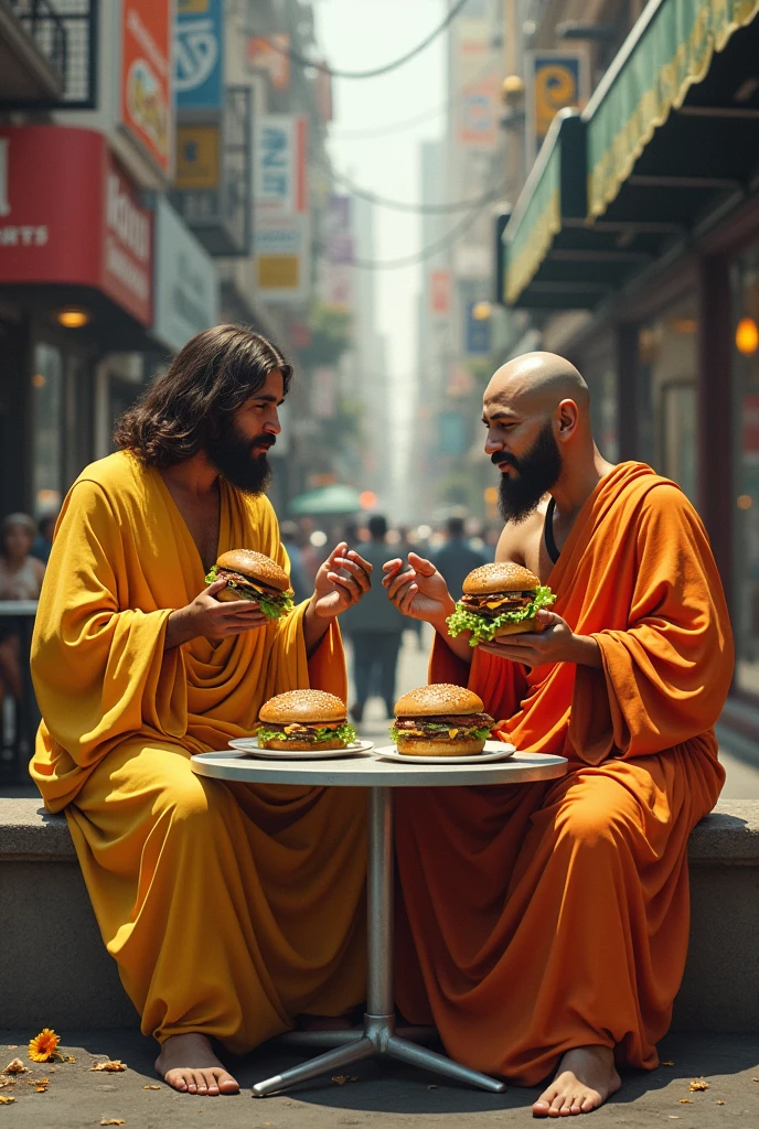 jesus eating hamburguer with buda