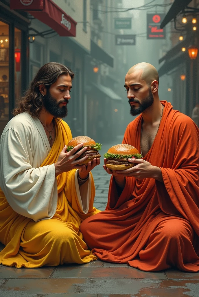 jesus eating hamburguer with buda