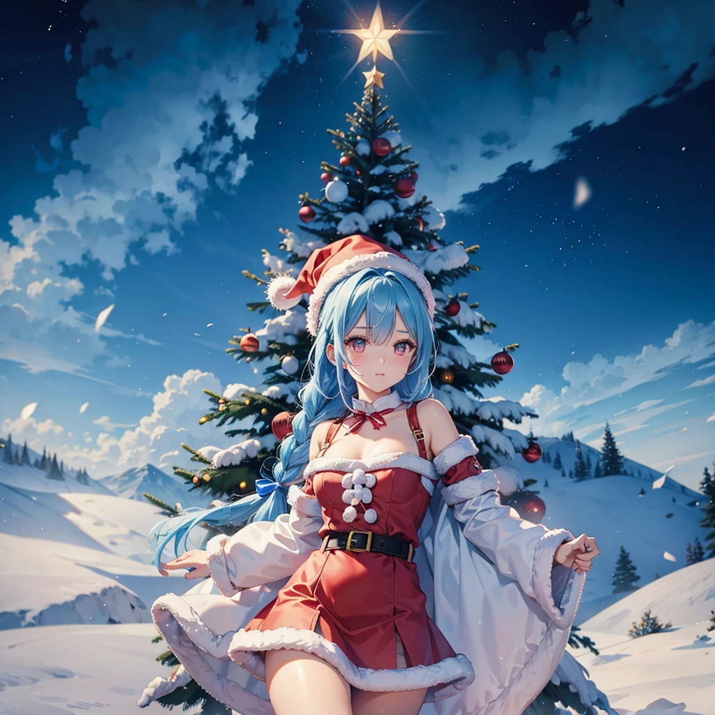 (Sky blue hair),(Braided hair), (Pink Eyes),Fair skin) ,(whole body),(one person),(Santa Claus clothes),(Christmas tree),(A world of silver),(masterpiece, Highest quality, Very detailed, Best Shadow), (Detailed Background), (Beautifully detailed face), High Contrast, (Best lighting, Very delicate and beautiful), ((Cinematic Light)), Hyper Detail,8k, Dramatic Light, Intricate details,night,