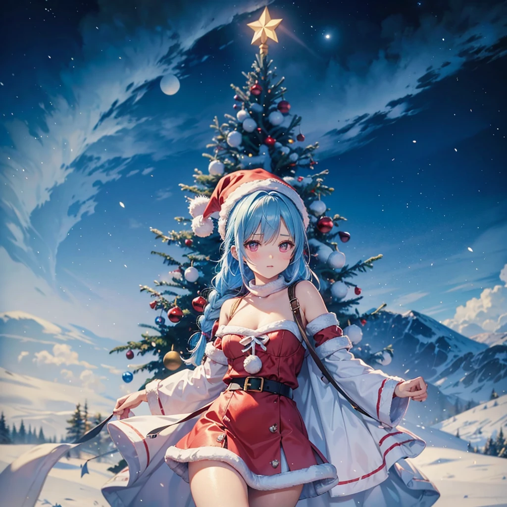 (Sky blue hair),(Braided hair), (Pink Eyes),Fair skin) ,(whole body),(one person),(Santa Claus clothes),(Christmas tree),(A world of silver),(masterpiece, Highest quality, Very detailed, Best Shadow), (Detailed Background), (Beautifully detailed face), High Contrast, (Best lighting, Very delicate and beautiful), ((Cinematic Light)), Hyper Detail,8k, Dramatic Light, Intricate details,night,