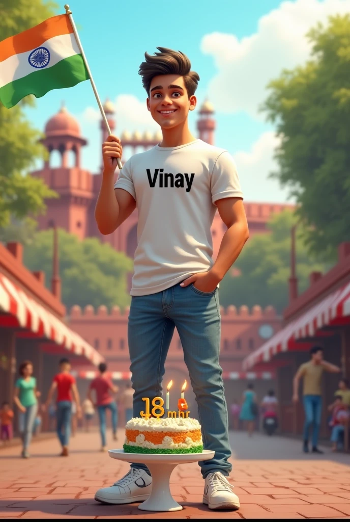 And yha hai aapka Prompt -
For 15 Aug -
A real 24 years old boy, Wearing White T shirt blue jeans sneakers and the name "vinay" is written on his t-shirt and the boy is standing on the road with holding a national flag of India, and behind him is the Red Fort Delhi. And written on sky "Independence Day" Create Realistic image high qualityv
For Birthday -
Create a 3d image in which a teenager girl cutting Cake wearing red color top with Name "rgghhh" is written clearly on the Cake and 18 year candle burning on the cake , image features with birthday decorated view, realistic image, background decorated with birthday items.