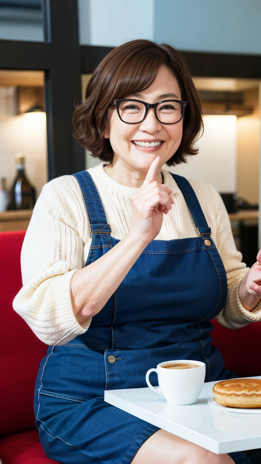 8k wallpaper, masterpiece, Highest quality, Very detailed, One Mature Woman, 50 years old, Become very clear, Wearing a short-sleeved knit, Skin dents, Captivating smile, Looking at the audience, No lapel microphone, Plump, Curvaceous, Attractive face, Smiling with teeth showing, I was happy, sitting in a cafe, Background Blur