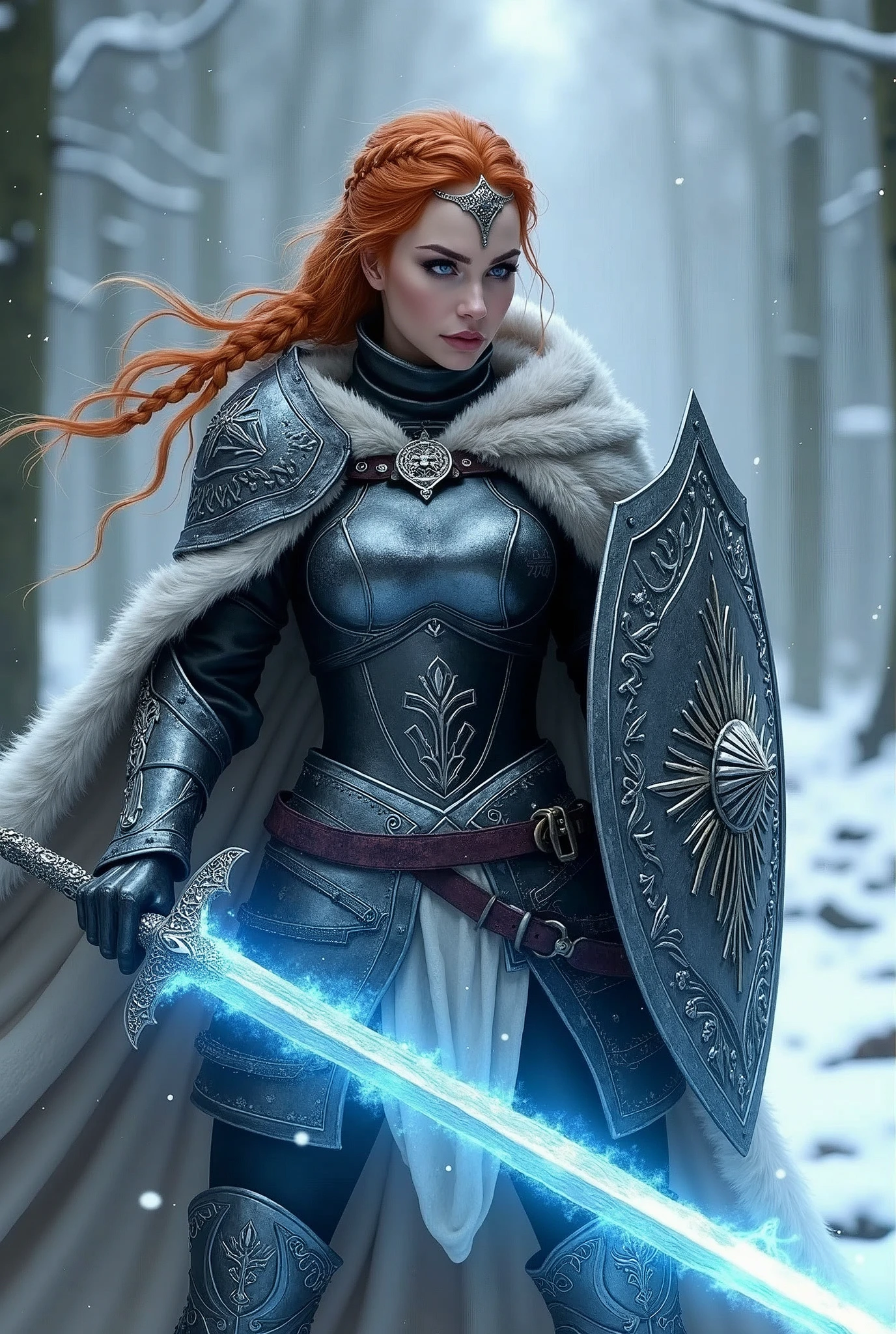 ((portrait, upper torso, armored female paladin, battle worn black chrome lacquered perfectchainmail armor:1.4, alabaster cloak, (((((Double D, DD, DD))), [bright orange hair:dark hair:0.6]))), iceblue eyes, blackout eyeshadow, iron tiara), braids, glowing radiant blue snowflake engraved sword, shield, sparks, windy, outdoor frozen snow snowy forest, dynamic battle pose
