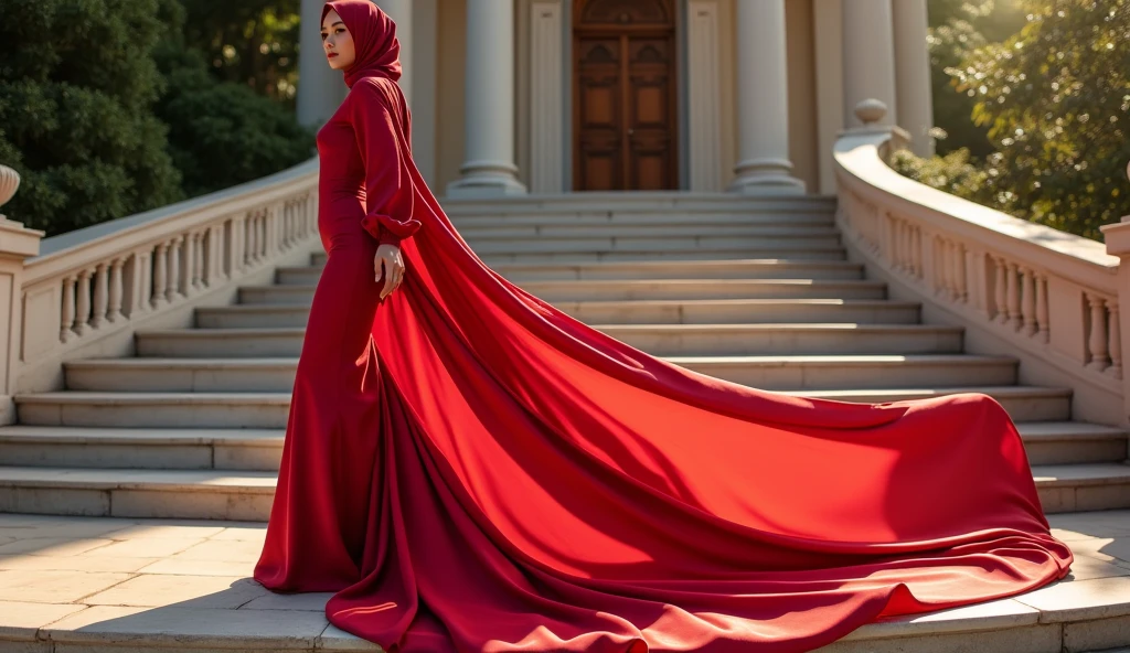 An malay woman in glamorous mermaid evening dress, long ballon sleeve dress, wear modern satin hijab, entirety of fabric over botom dress about 7 meters in length trailing dramatically, glamours style, overlong dress train, extreme detail on the texture of the fabric, wear high heels, sexy random pose in outdor stair, beautifull bright lighting, ultra realistic, high-resolution photography.