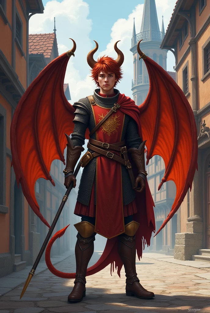 Draw a young man, brunette and redhead, with dragon wings and horns. This one has to be in a medieval city and wear clothes related to the fantastic medieval period and a guard uniform.
