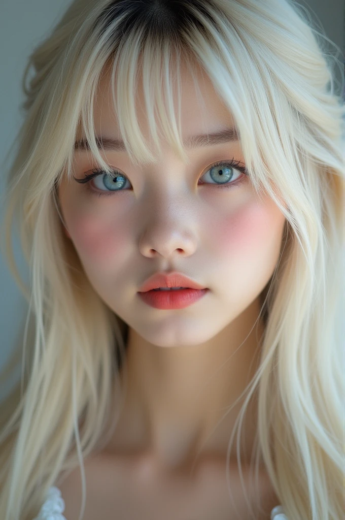 (a closeup:1.4)、(RAW shooting:1.2)、(Photorealsitic:1.4)、(masterpiece:1.3)、(top-quality:1.4)、bright expression、extremely beautyful girl、Extraordinary beautiful girl、Detailed cute and beautiful face、Beautiful bangs、Glowing white shiny skin、facial hairs、Bangs that extend to the face、Bangs between the eyes、Super long hair、Attractive light and dark platinum blonde super long straight silky hainer hair、Attractive glowing beautiful bright clear light blue big eyes、Luxurious dresses、Double eyelids、Lush bust、The upper part of the body、
