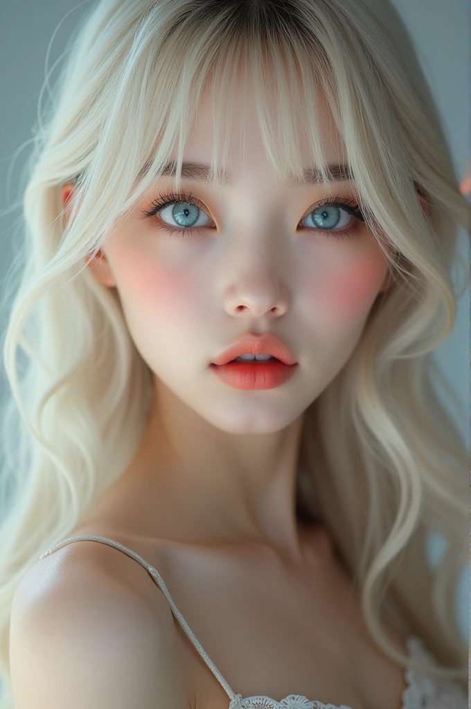 (a closeup:1.4)、(RAW shooting:1.2)、(Photorealsitic:1.4)、(masterpiece:1.3)、(top-quality:1.4)、bright expression、extremely beautyful girl、Extraordinary beautiful girl、Detailed cute and beautiful face、Beautiful bangs、Glowing white shiny skin、facial hairs、Bangs that extend to the face、Bangs between the eyes、Super long hair、Attractive light and dark platinum blonde super long straight silky hainer hair、Attractive glowing beautiful bright clear light blue big eyes、Luxurious dresses、Double eyelids、Lush bust、The upper part of the body、