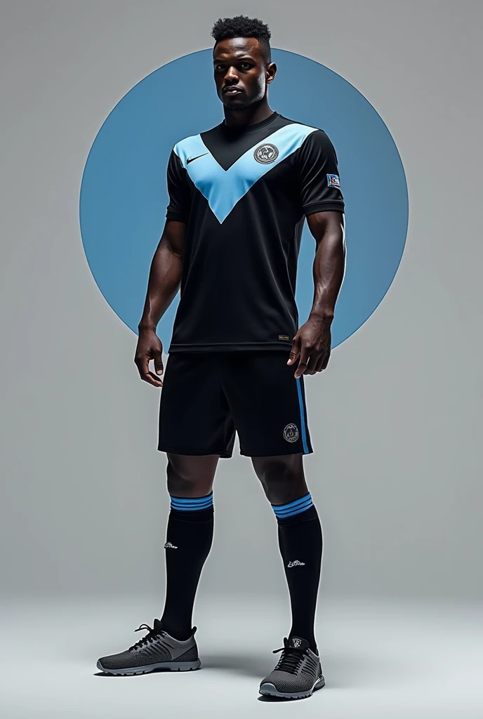 Design me a soccer uniform with black colors, White and blue