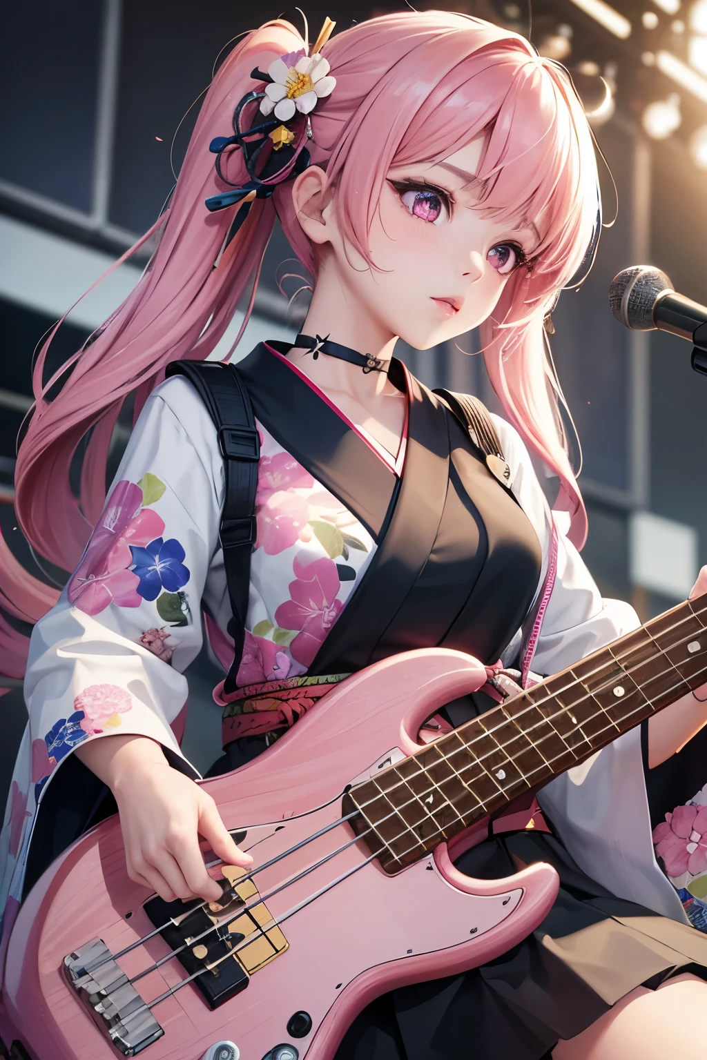 masterpiece, best quality, very detailed, high resolution, expensive resolution, high resolution, 4K, 8k, Unity 8k wallpaper, highly detailed CG, masterpiece, 2D, 3D, beautiful details, depth, fine texture, best quality: 1.3, perfect focus, crispy skin, he,
Very cute anime girl, girl playing Bass guitar vocals in a band wearing a Japanese fancy floral haori hakama, on outdoor stage, full body, expensive pink twin tail hair, mole under eye, looking at the viewer, expensive, blush, mole, lips open, , heart choker, pink eyes, guitar vocals, stage