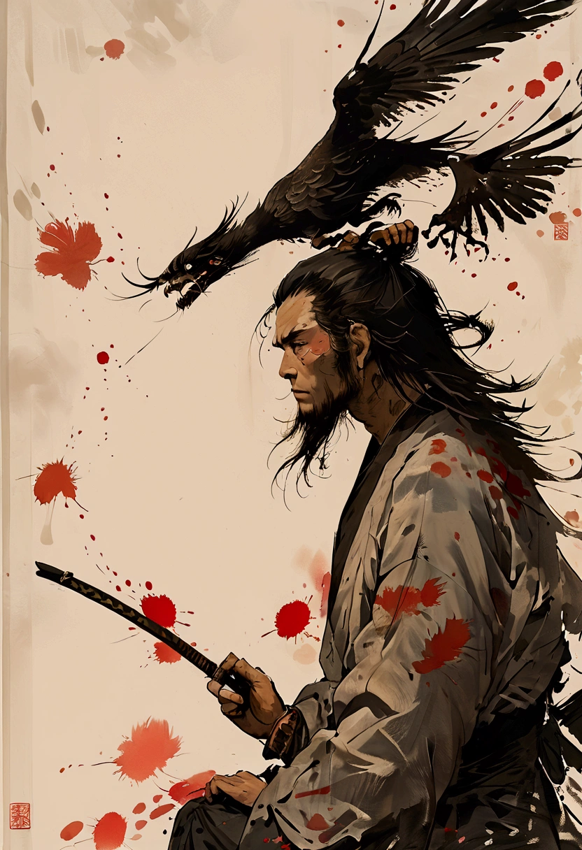 Japanese Samurai横からのアングル profile Watching an American Eagle fly in the distance Japanese swordを持ち遠くを見ている pale colour Ink Painting Like overlapping Japanese Samurai Japanese sword dusk
