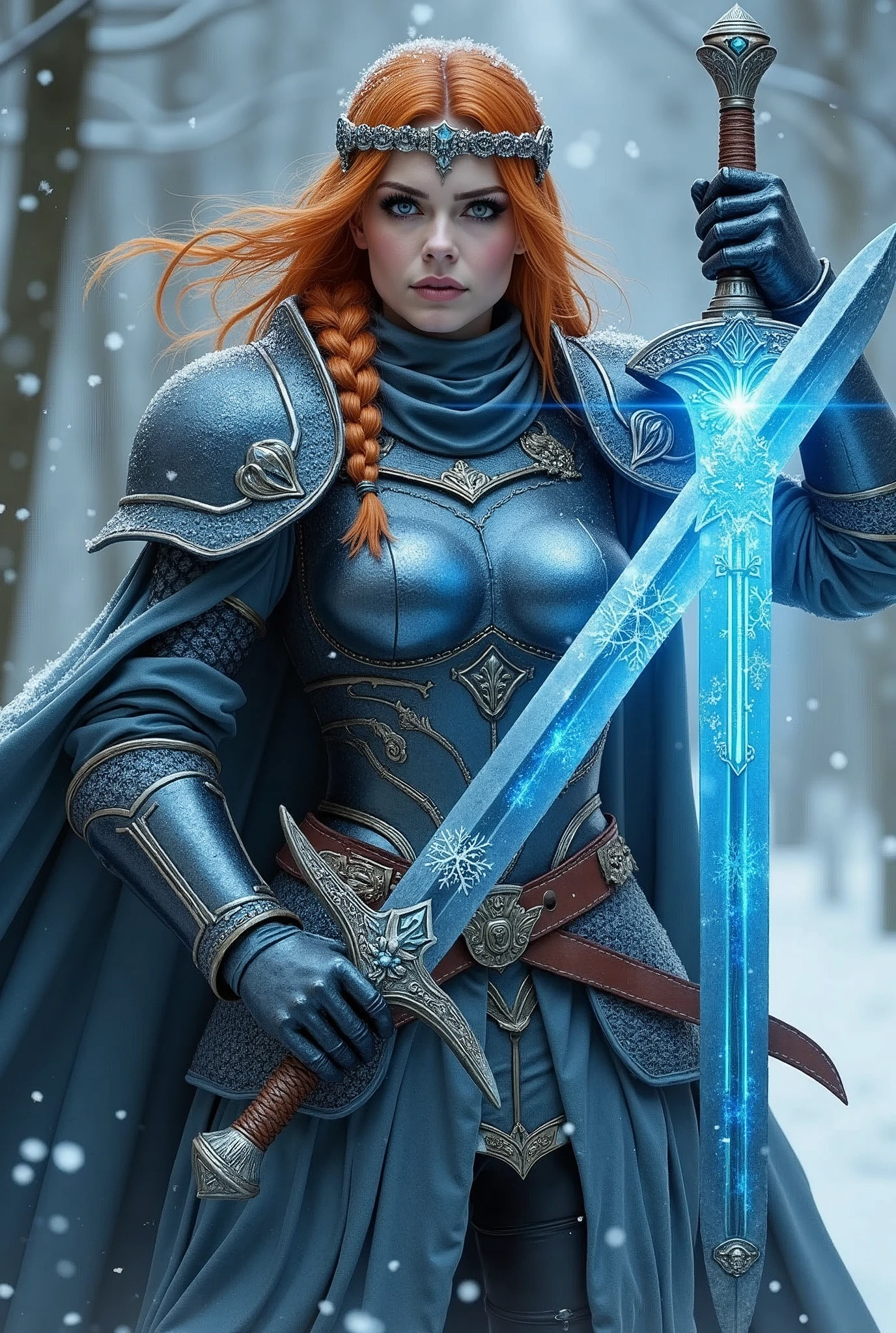 ((portrait, upper torso, armored female paladin, battle worn black chrome lacquered perfectchainmail armor:1.4, alabaster cloak, (((((Double D, DD, DD))), [bright orange hair:dark hair:0.6]))), iceblue eyes, blackout eyeshadow, iron tiara), braids, glowing radiant blue snowflake engraved sword, shield, sparks, windy, outdoor frozen snow snowy forest, dynamic battle pose
